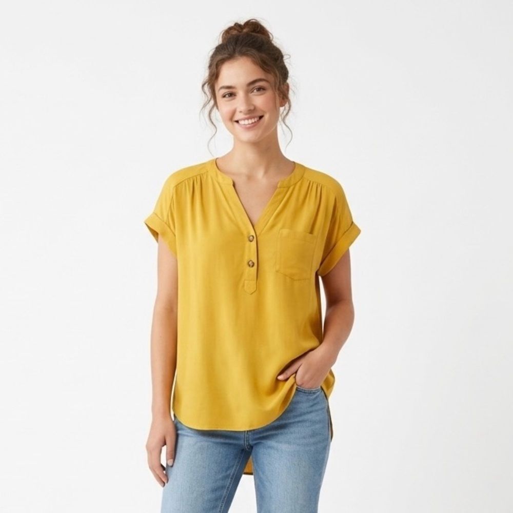 Rose & Olive Sunny Meadow Mustard Yellow Henley Pocket Blouse SZ L